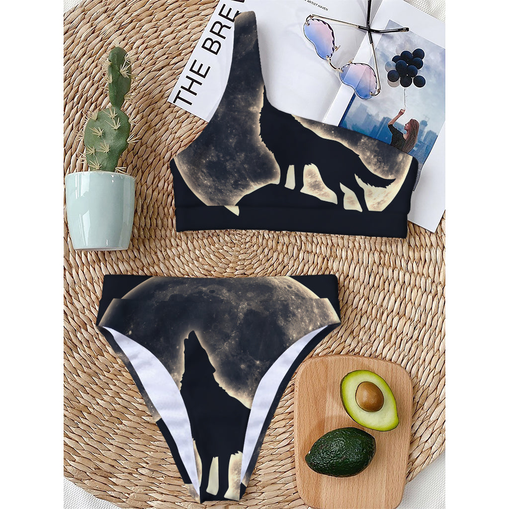 Full Moon Howling Wolf Print One Shoulder Bikini Top
