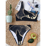 Full Moon Howling Wolf Print One Shoulder Bikini Top