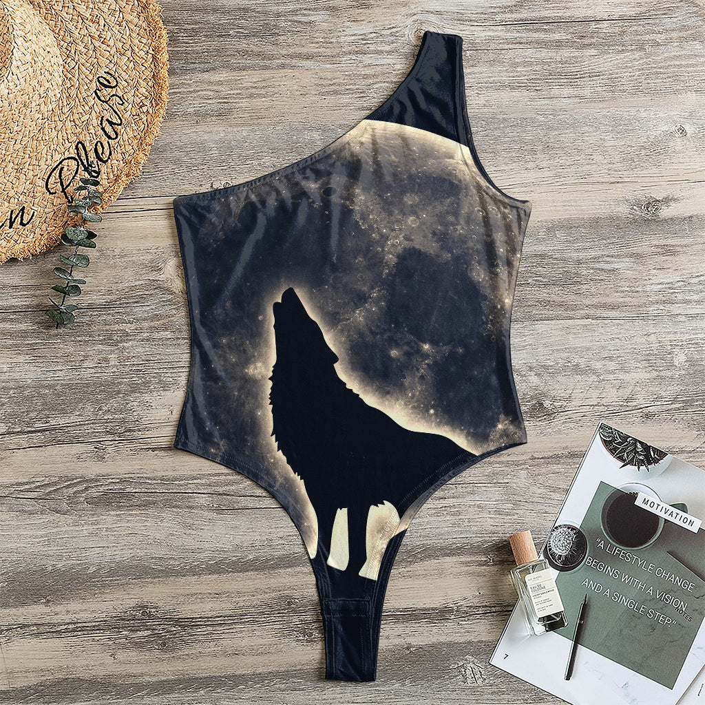 Full Moon Howling Wolf Print One Shoulder Bodysuit