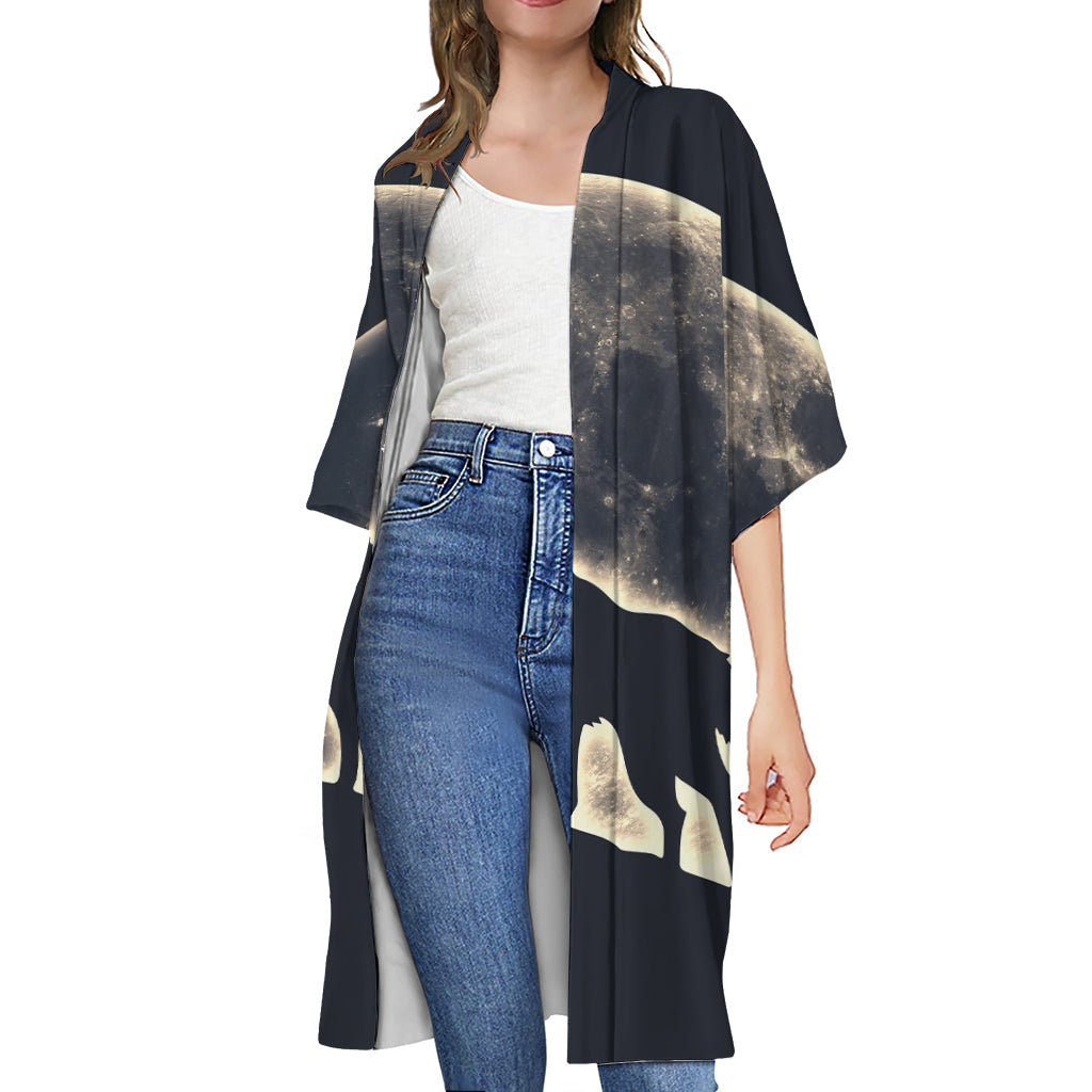 Full Moon Howling Wolf Print Open Front Beach Cover Up