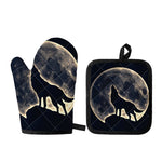 Full Moon Howling Wolf Print Oven Mitt And Pot Holder Set