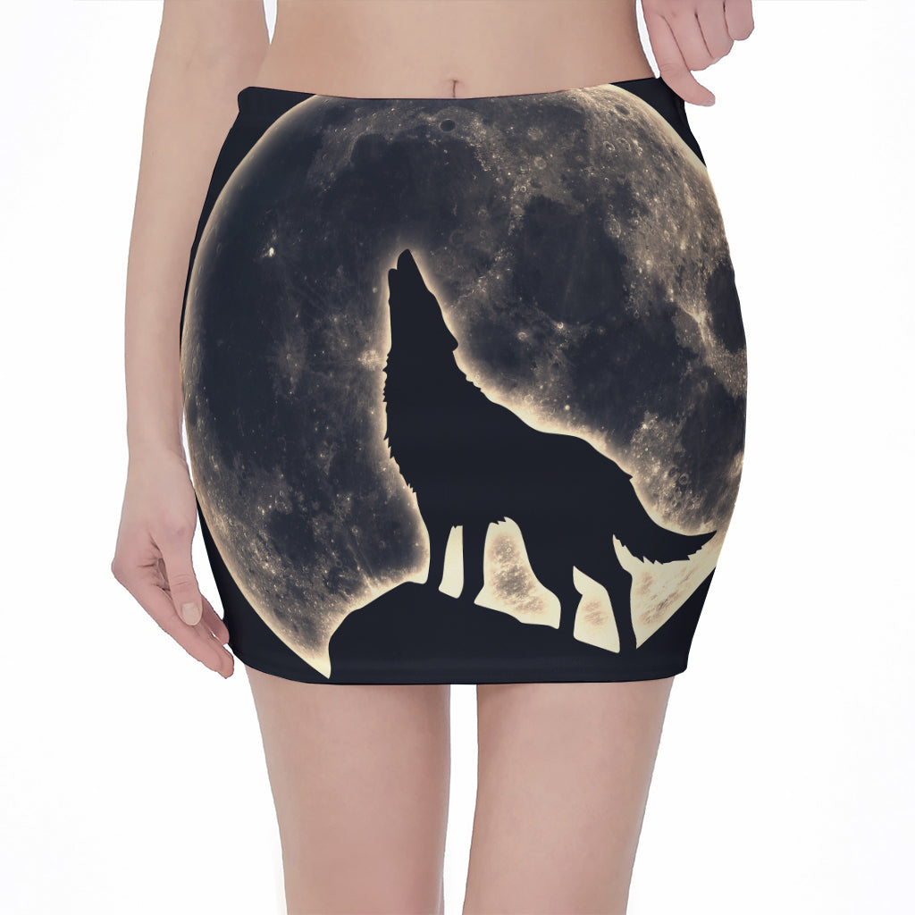 Full Moon Howling Wolf Print Pencil Mini Skirt