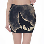 Full Moon Howling Wolf Print Pencil Mini Skirt
