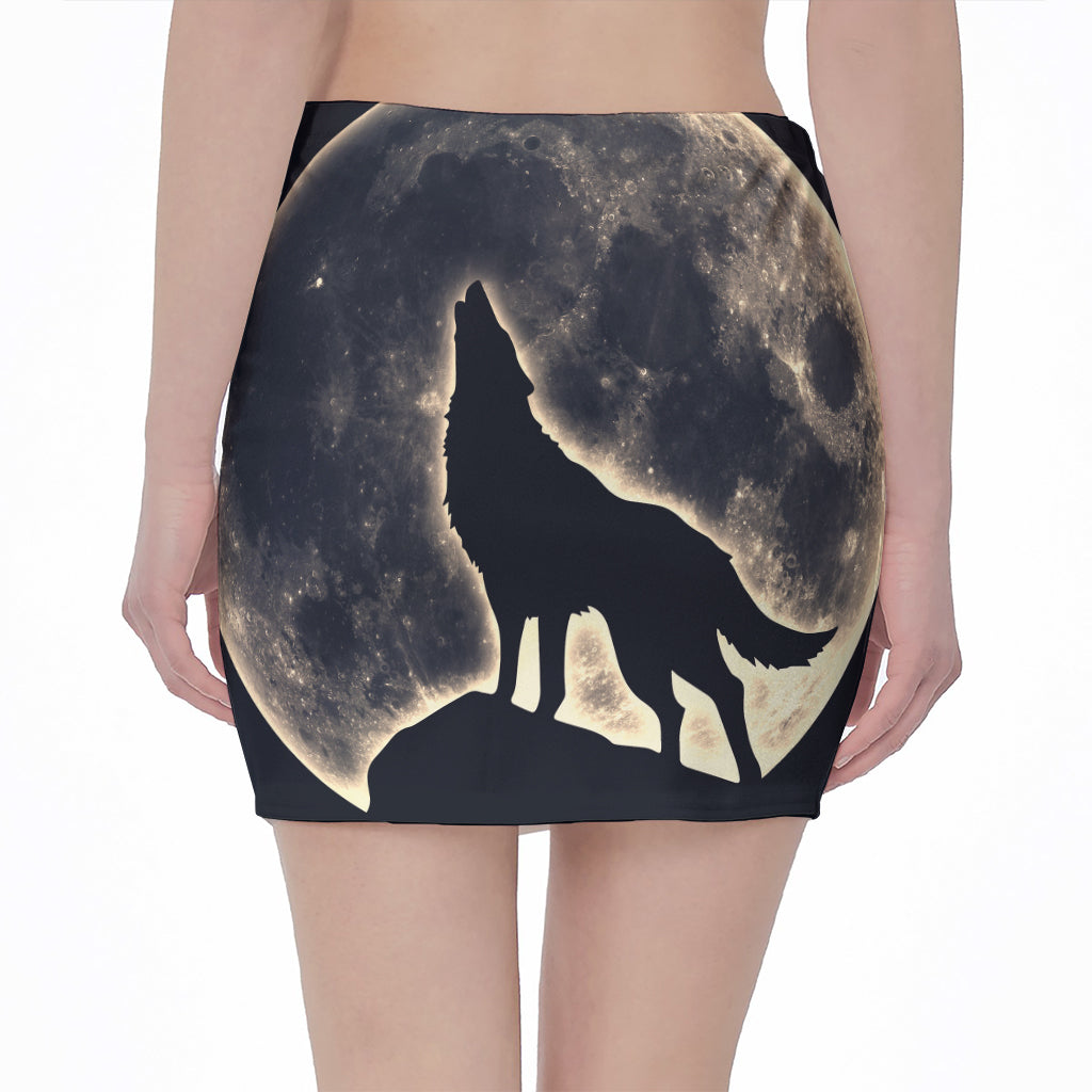 Full Moon Howling Wolf Print Pencil Mini Skirt