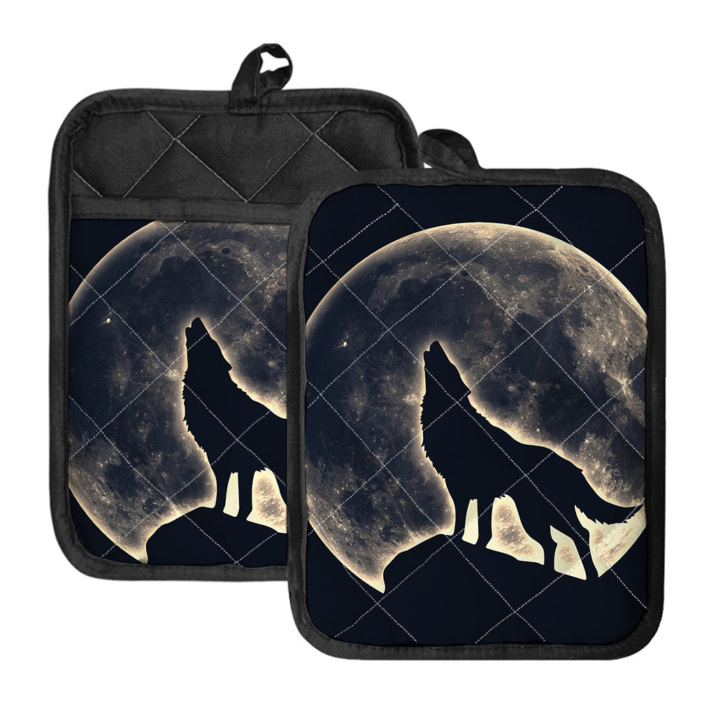 Full Moon Howling Wolf Print Pot Holders With Pocket