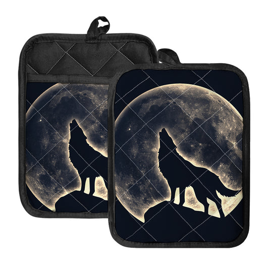 Full Moon Howling Wolf Print Pot Holders With Pocket