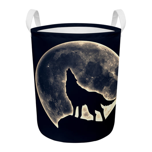 Full Moon Howling Wolf Print Round Laundry Basket
