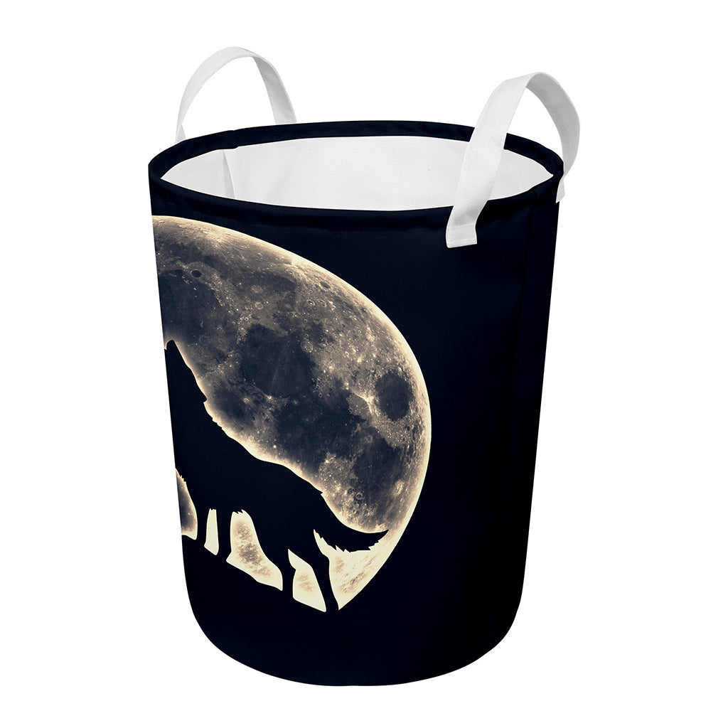 Full Moon Howling Wolf Print Round Laundry Basket