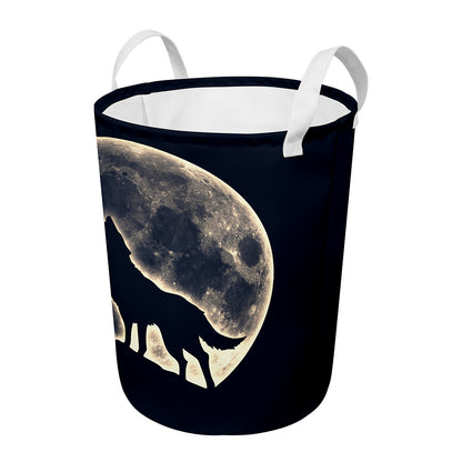 Full Moon Howling Wolf Print Round Laundry Basket