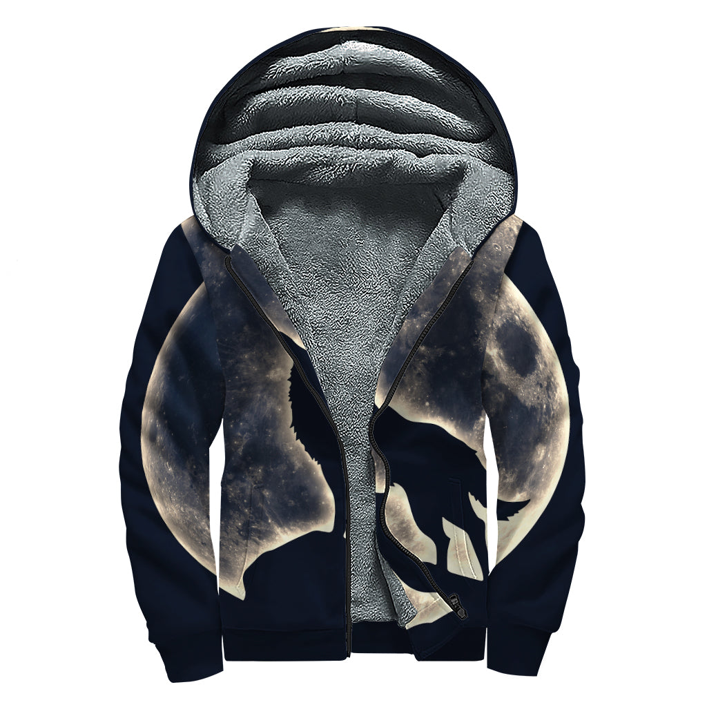 Full Moon Howling Wolf Print Sherpa Lined Zip Up Hoodie