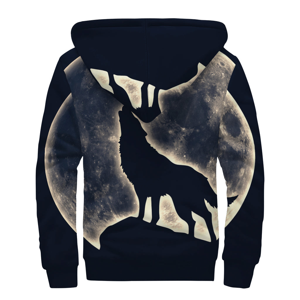 Full Moon Howling Wolf Print Sherpa Lined Zip Up Hoodie
