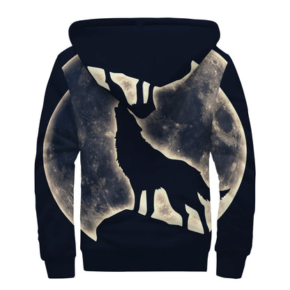 Full Moon Howling Wolf Print Sherpa Lined Zip Up Hoodie