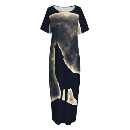 Full Moon Howling Wolf Print Short Sleeve Long Nightdress