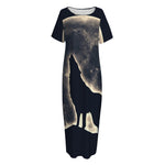 Full Moon Howling Wolf Print Short Sleeve Long Nightdress