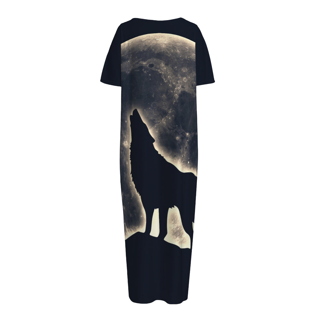 Full Moon Howling Wolf Print Short Sleeve Long Nightdress