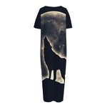Full Moon Howling Wolf Print Short Sleeve Long Nightdress
