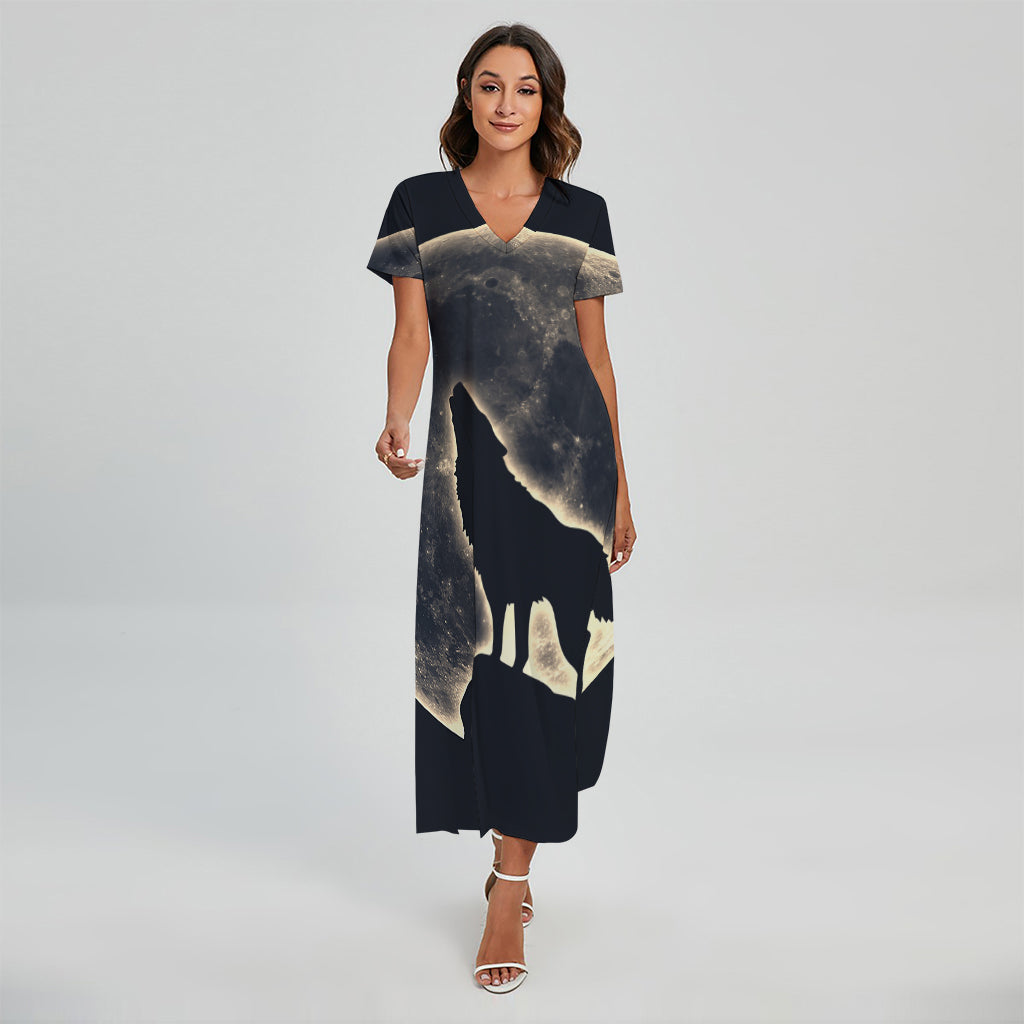 Full Moon Howling Wolf Print Short Sleeve Maxi Dress