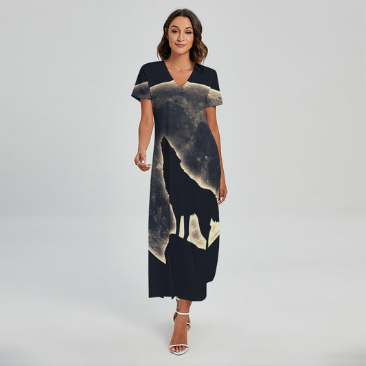 Full Moon Howling Wolf Print Short Sleeve Maxi Dress