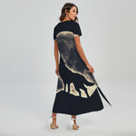 Full Moon Howling Wolf Print Short Sleeve Maxi Dress