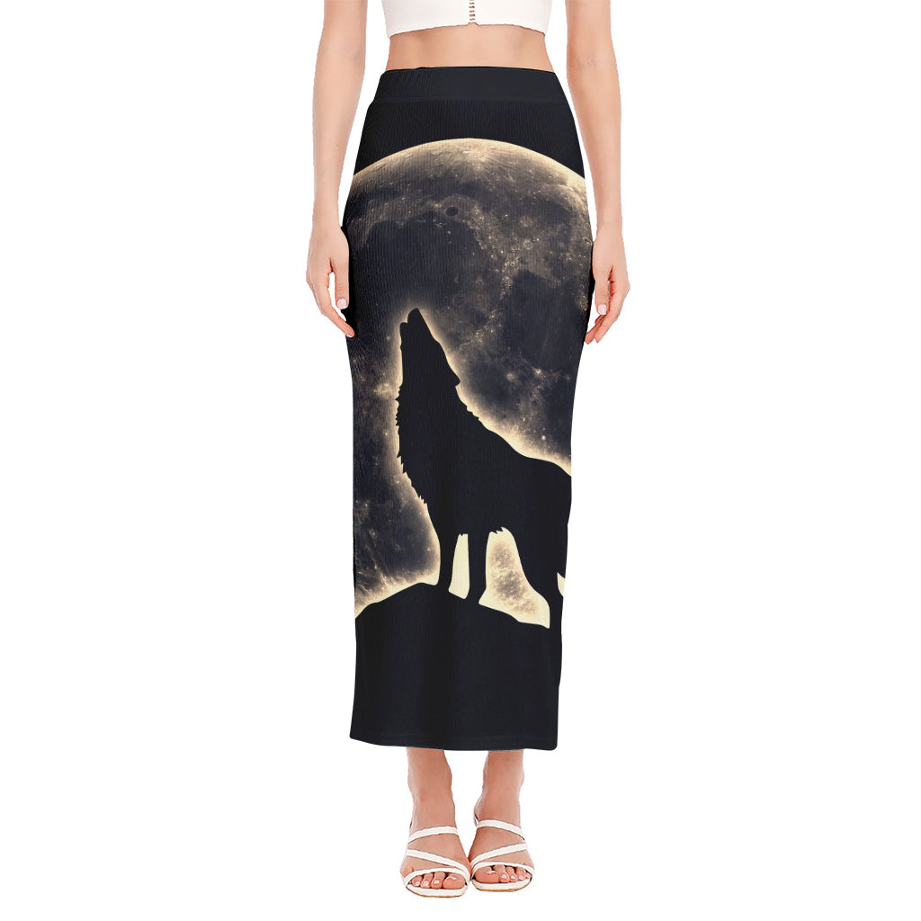 Full Moon Howling Wolf Print Side Slit Maxi Skirt