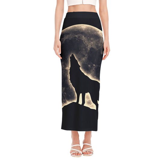Full Moon Howling Wolf Print Side Slit Maxi Skirt