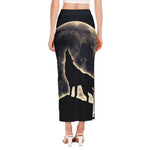 Full Moon Howling Wolf Print Side Slit Maxi Skirt