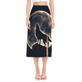 Full Moon Howling Wolf Print Side Slit Midi Skirt