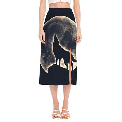 Full Moon Howling Wolf Print Side Slit Midi Skirt