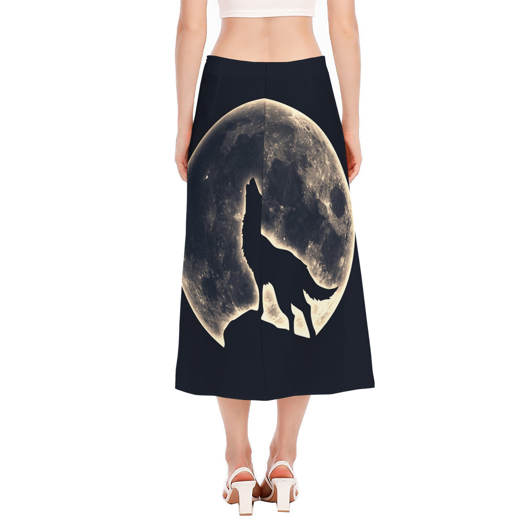 Full Moon Howling Wolf Print Side Slit Midi Skirt