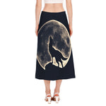 Full Moon Howling Wolf Print Side Slit Midi Skirt