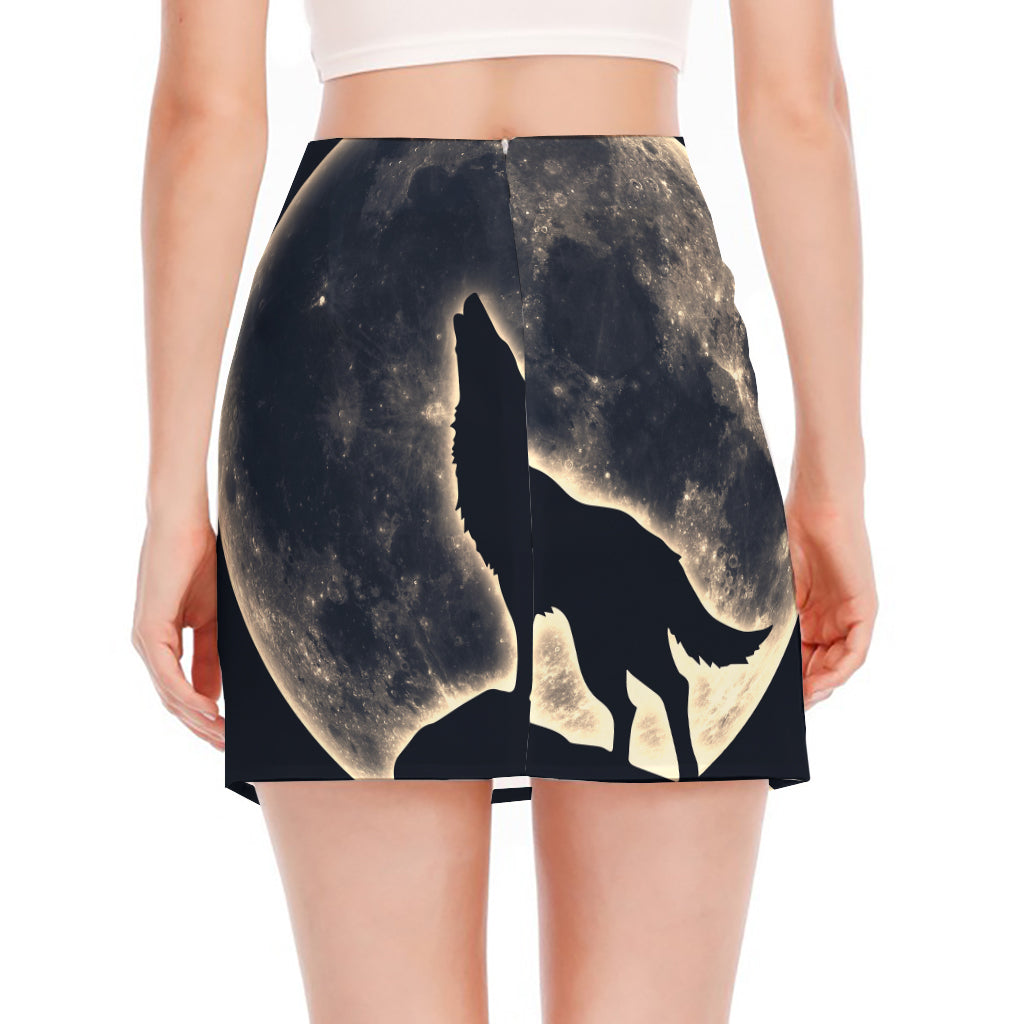 Full Moon Howling Wolf Print Side Slit Mini Skirt