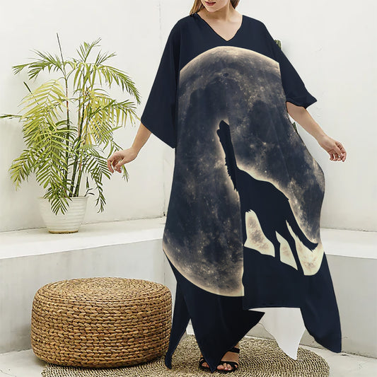 Full Moon Howling Wolf Print Silk V-Neck Kaftan Dress