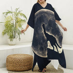 Full Moon Howling Wolf Print Silk V-Neck Kaftan Dress