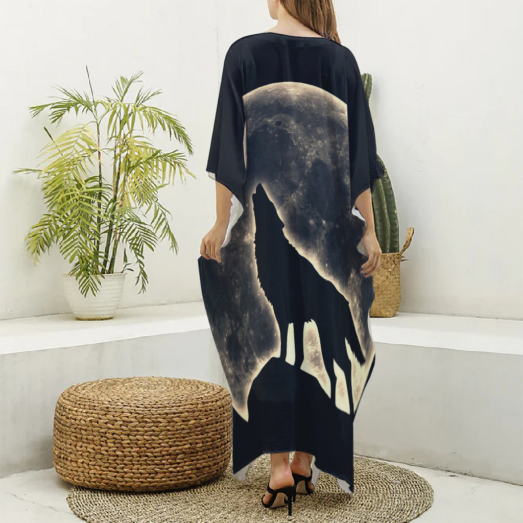Full Moon Howling Wolf Print Silk V-Neck Kaftan Dress