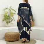 Full Moon Howling Wolf Print Silk V-Neck Kaftan Dress