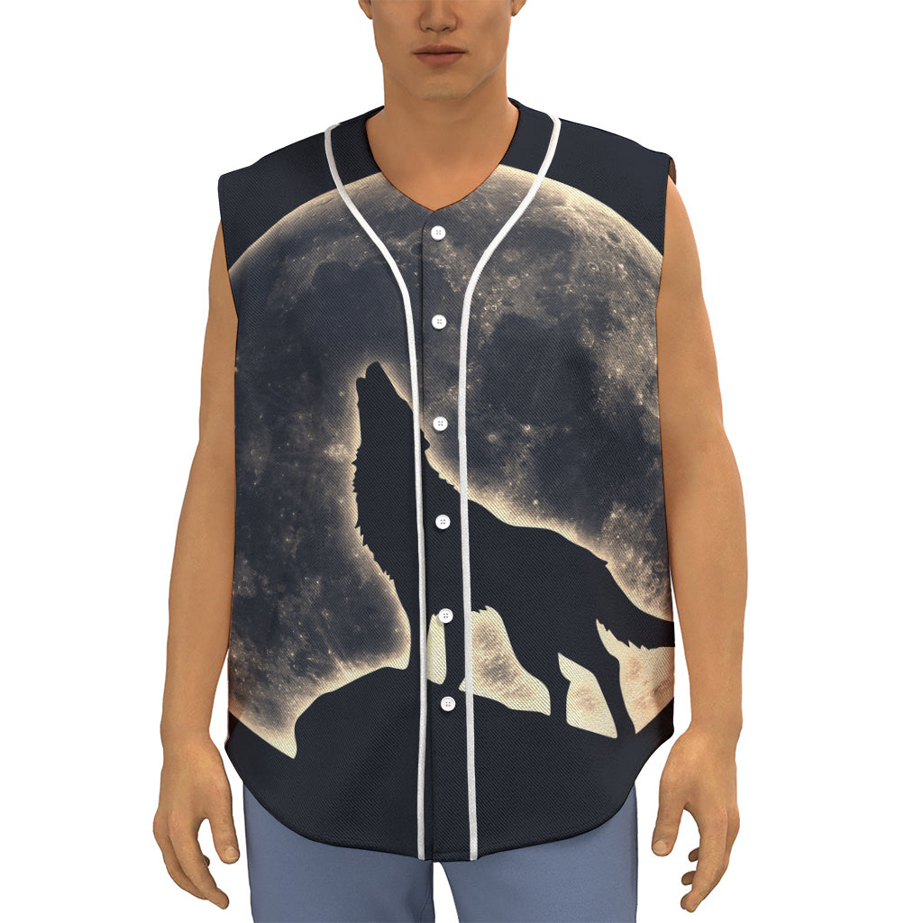 Full Moon Howling Wolf Print Sleeveless Baseball Jersey