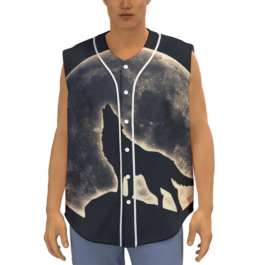 Full Moon Howling Wolf Print Sleeveless Baseball Jersey