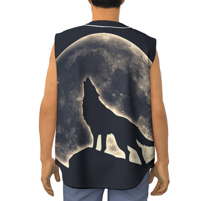 Full Moon Howling Wolf Print Sleeveless Baseball Jersey