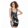 Full Moon Howling Wolf Print Sleeveless Bodycon Dress
