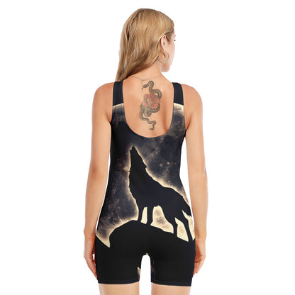 Full Moon Howling Wolf Print Sleeveless One Piece Swimsuit