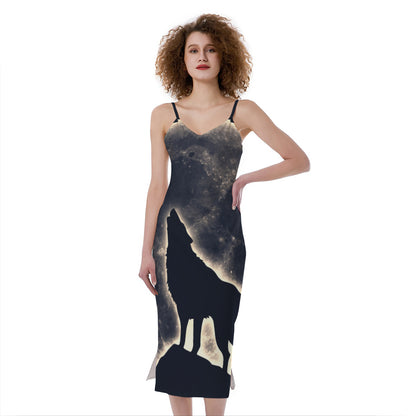 Full Moon Howling Wolf Print Slim Fit Midi Cami Dress
