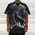 Full Moon Howling Wolf Print Textured Short Sleeve Shirt