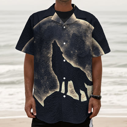 Full Moon Howling Wolf Print Textured Short Sleeve Shirt
