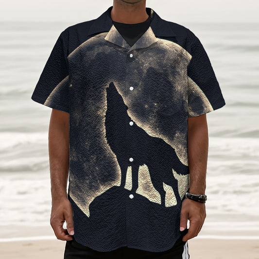 Full Moon Howling Wolf Print Textured Short Sleeve Shirt