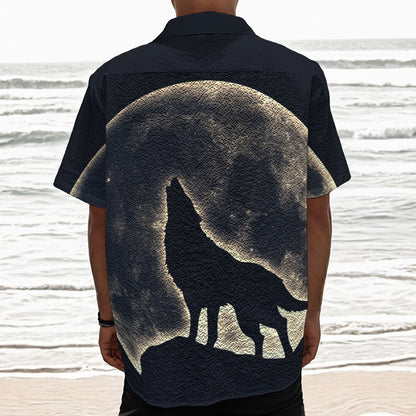 Full Moon Howling Wolf Print Textured Short Sleeve Shirt