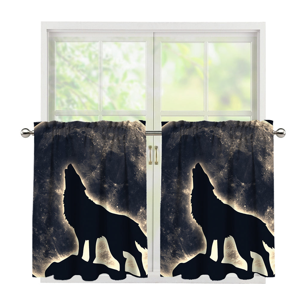 Full Moon Howling Wolf Print Tier Curtains