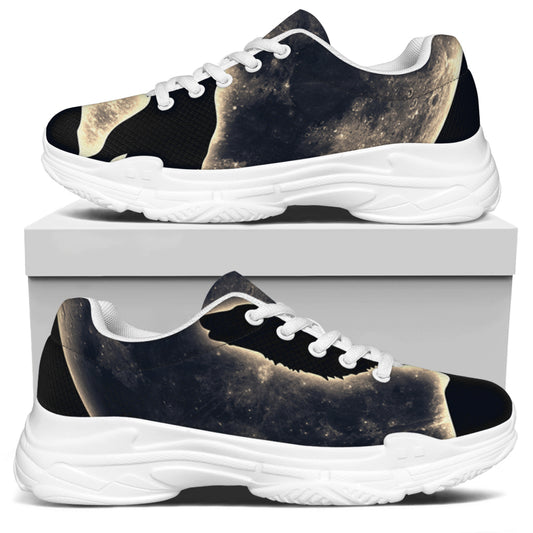 Full Moon Howling Wolf Print White Chunky Shoes
