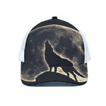 Full Moon Howling Wolf Print White Mesh Trucker Cap