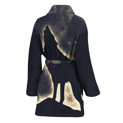 Full Moon Howling Wolf Print Women's Bathrobe