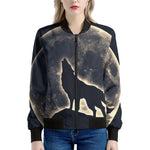 Full Moon Howling Wolf Print Women's Bomber Jacket